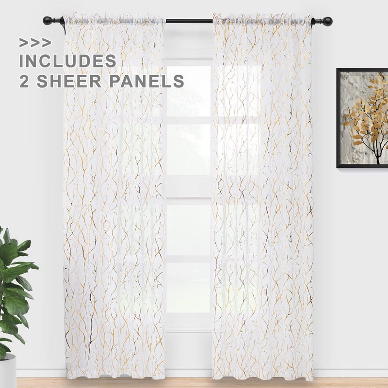 FINECITY White and Gold Sheer Curtains 45 Inch Length 2 Panels Metallic Gold Foil Branches Printed Sheer Kitchen Curtains Over Sink, Rod Pocket Privacy Short Sheer Window Curtains, 52 x 45 Inch - Image 2